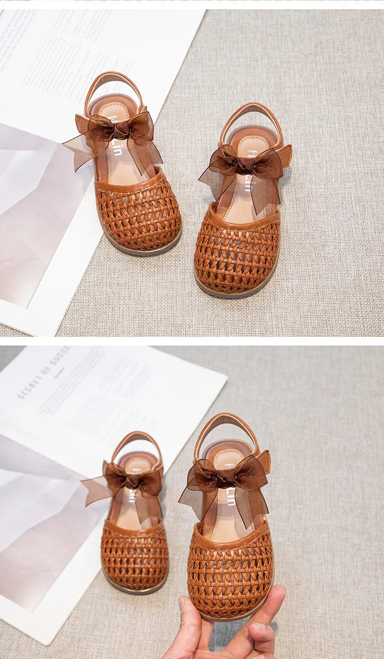 Children's Sandals Summer New Elegant Girls Princess Shoes Woven Style Beach Causal Kids Flat Sandals Solid Color Versatile