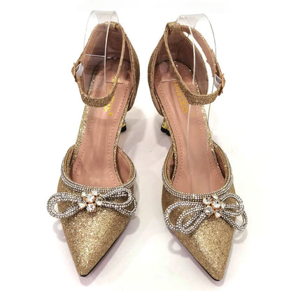 Ladies Pointed-Toe Party High Heels Magenta Colour Bow Rhinestone Stereo Bag Evening  African Wedding Shoe And Bag Set