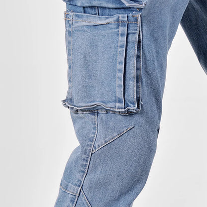 Men's Jeans Street Style Waist Denim Cargo Pants Solid Color Washed Slim Fit Casual Jeans with Multiple Pockets for Daily Wear