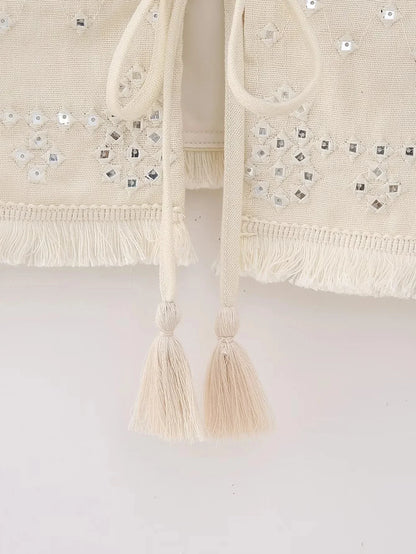Y2K Embroidery Women Waistcoats Summer Lightweight V Neck Sleeveless Tassels Hem Slim Vest Female Crop Top