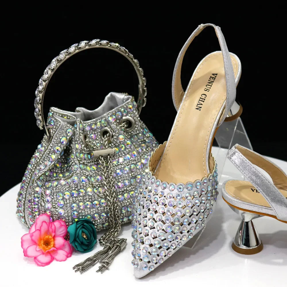 Pointed Toe Heels for Women Elegant Party Wine Color Full Diamond Pumps Italian Shoes and Bags Matching Set