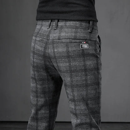 Autumn Men's Brushed Plaid Casual Pants Korean Style Gray Elastic Straight Slim Fit Fashionable Work Pants Blue and Black Male