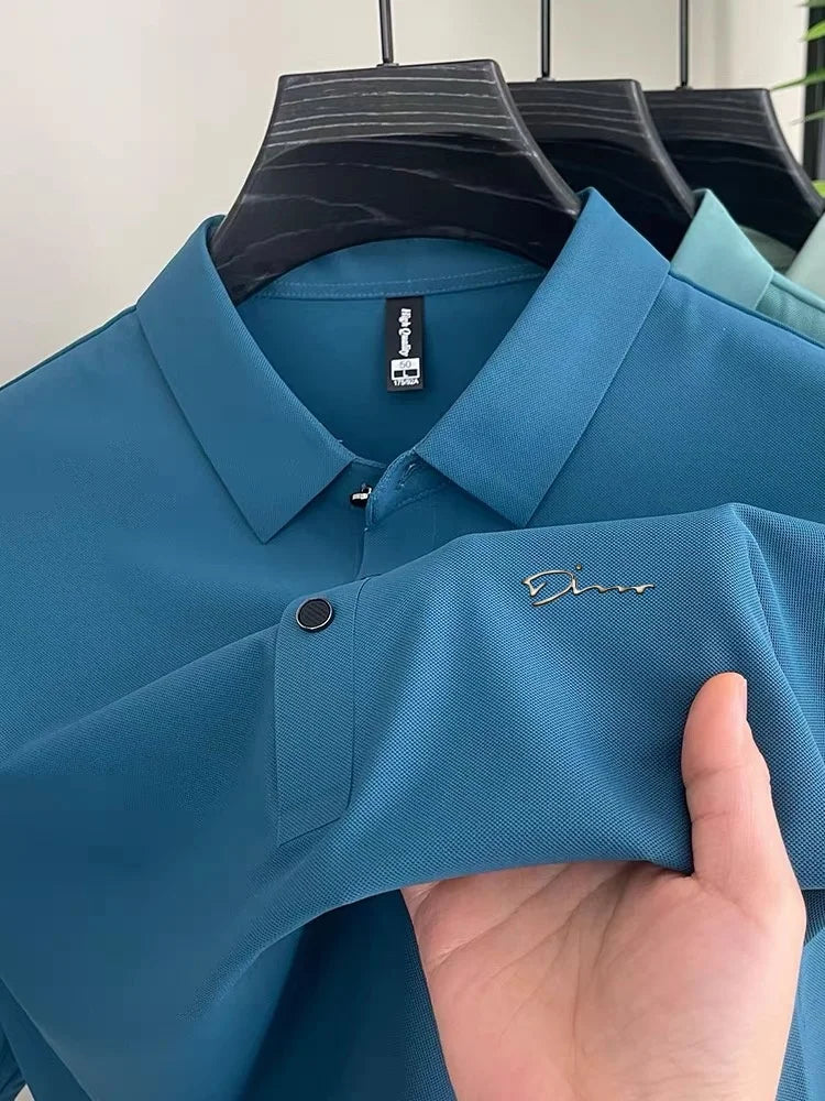 Summer new high-quality ice silk fabric comfortable polo shirt fashionable high-end mens exquisite badge breathable short sleeve