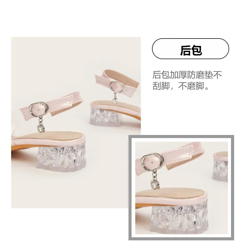 2025 New Fashion Flower Girl Princess Sandals Summer Fish Mouth Transparent Thick Heel Open Toe Children's Sandals High Heels