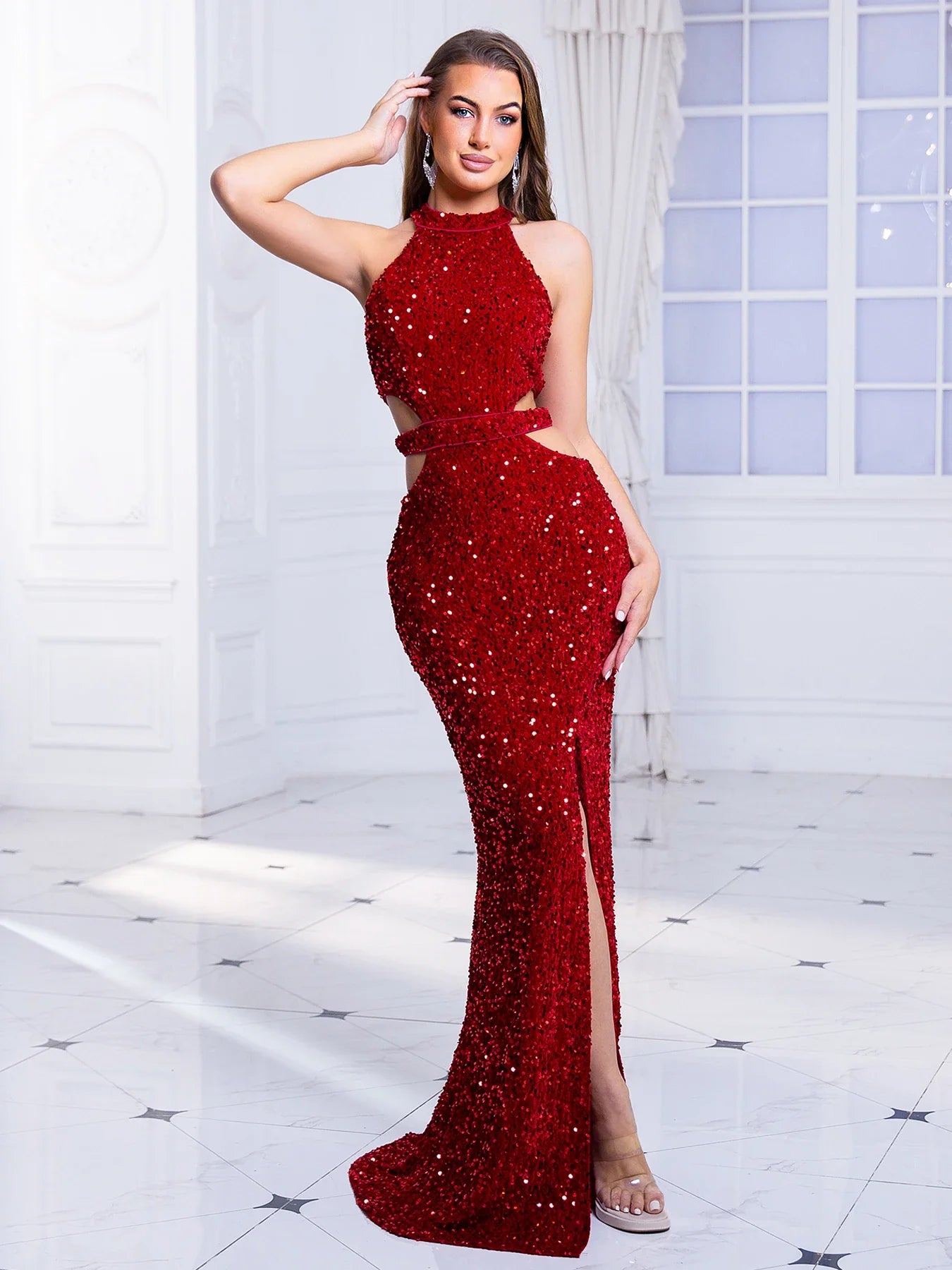 O Neck Off Shoulder Sleeveless Evening Party Gown Sexy Dress Sequin Hollow Out Waist Homecoming Prom Dresses Summer