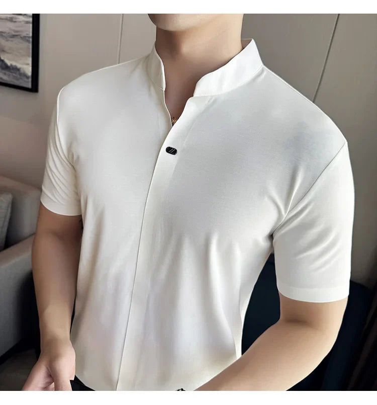 Men's High Elastic V-neck Polo Shirt, Thin Short-sleeve T-shirt, Business Casual Men's Top, 2024 High Quality, M-4XL.