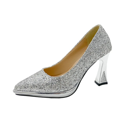 Sapatos Femininos de Paetê da Moda 2024 Novos Sapatos Femininos Bico Fino Boca Rasa Conforto Salto Alto Feminino primavera outono