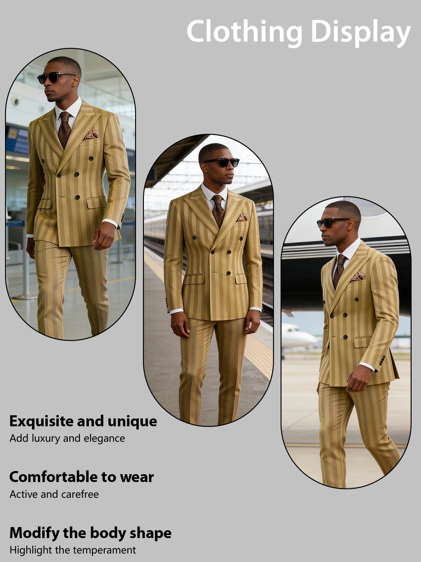 Men's 2-Piece Double Breasted Suit Set - Peak Lapel Striped Tuxedo Jacket & Pants, Formal Business Wedding Prom Attire