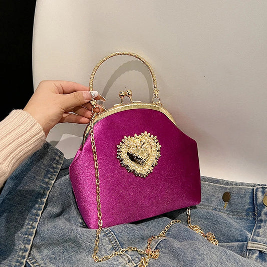 Velvet Frame Heart Dinner Hand Bags Diamonds Chains High Quality Shoulder and Crossbody Bags for Women 2024 Fashion Hot Sale