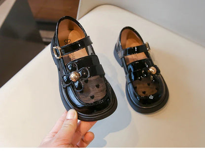Toddler Girls Elegant Glossy Mesh Mary Jane Flats Flower Buckle Strap Heart Pattern Chunky Sole Comfortable Party School Shoes