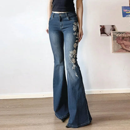Women Retro Y2k Jeans Baggy Floral Embroidery Jeans