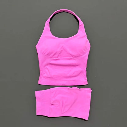Women Seamless Gym Set 2Pcs Halter Neck Sports Crop Top High Waist Scrunch Butt Shorts Workout Fitness Yoga Tracksuit Sportswear