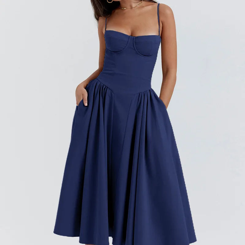 Women Elegant Sleeveless Backless Pleated Dresses Lady Sexy Solid Sling Midi Dress 2024 Female Party Evening A-line Robes