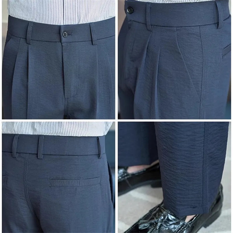 Summer Lightweight Suit Pants Men Solid Color Straight Smart Casual Suit Trousers Mens Half Elastic Waist Full Length Pants