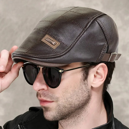 Vintage Men Beret Hat Leather Flat Hats Warm Autumn Winter Windproof Adjustable High Quality Peaked Cap Mens Retro Beret Caps