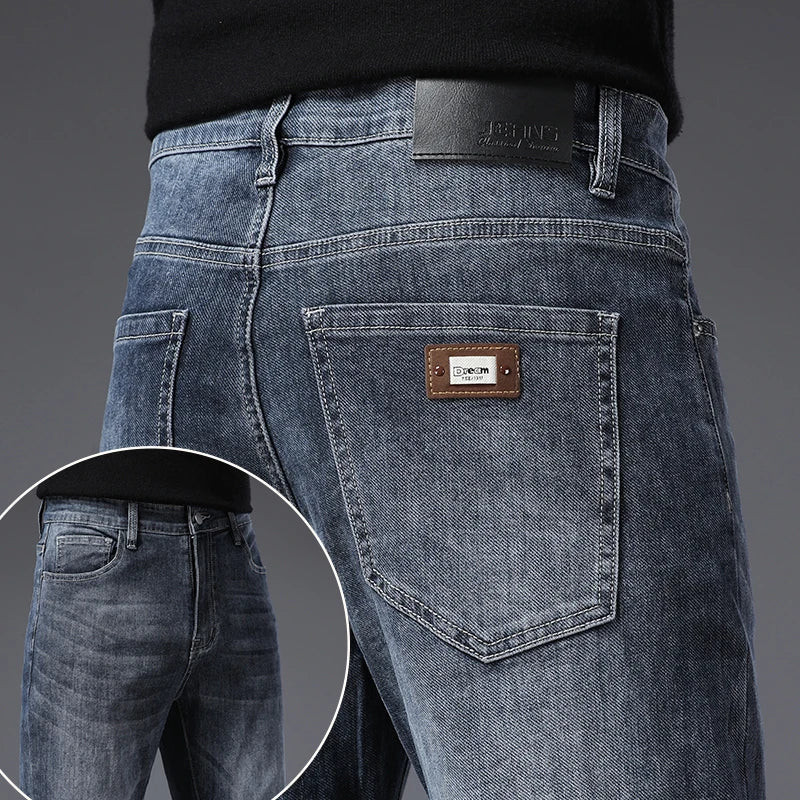 Calça Jeans Masculina Coreana Macia Elástica Slim Fit Negócios Casual Reta Jeans Clássica Marca Azul Lavado Cinza
