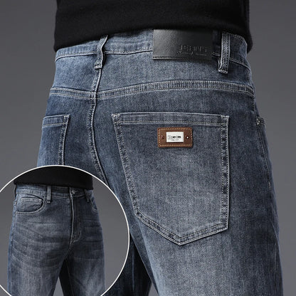 Calça Jeans Masculina Coreana Macia Elástica Slim Fit Negócios Casual Reta Jeans Clássica Marca Azul Lavado Cinza