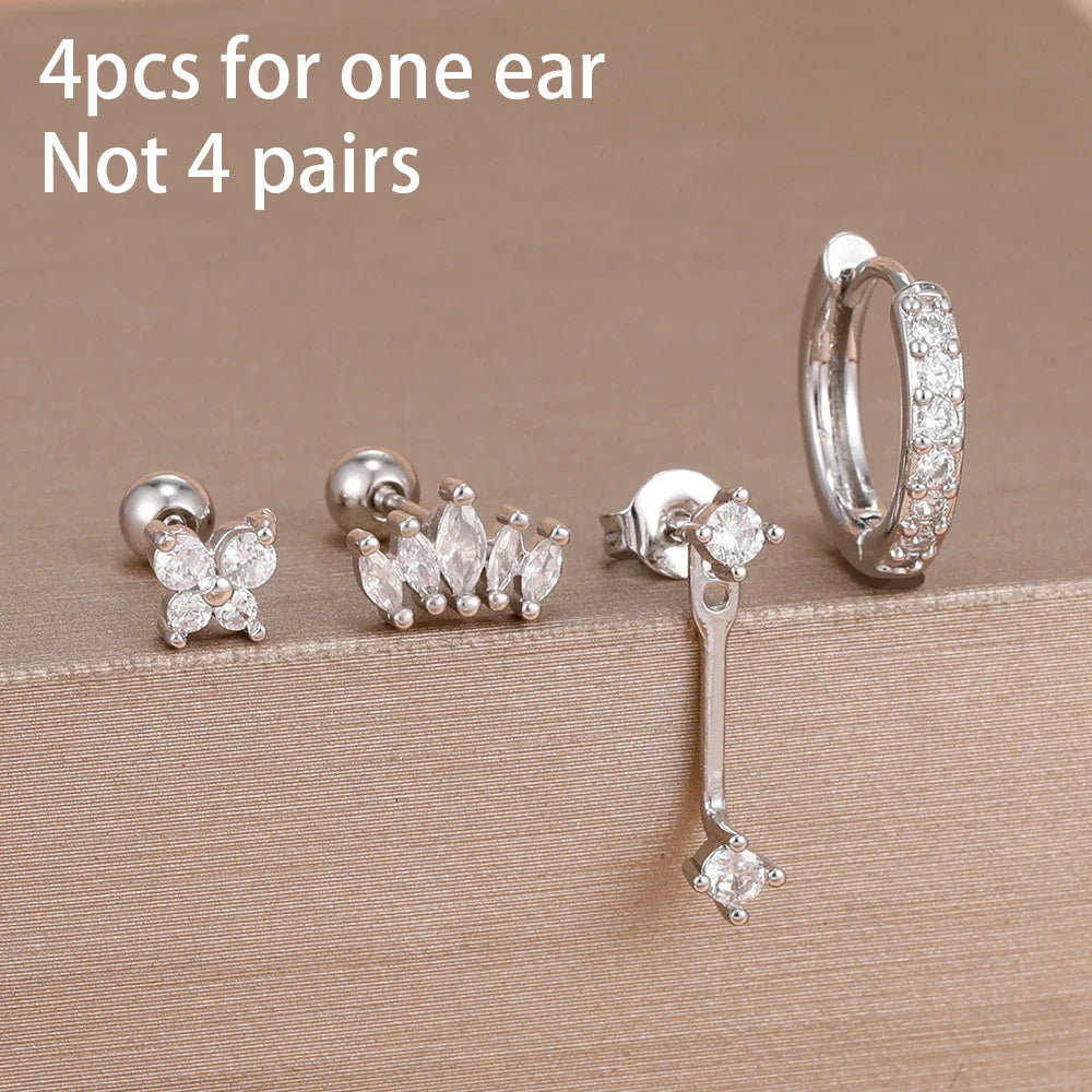 4PCS Stainless Steel Circle Huggie Hoop Earrings Set for Women Gold Color Unique Zircon Flower Stud Earring Piercing Jewelry