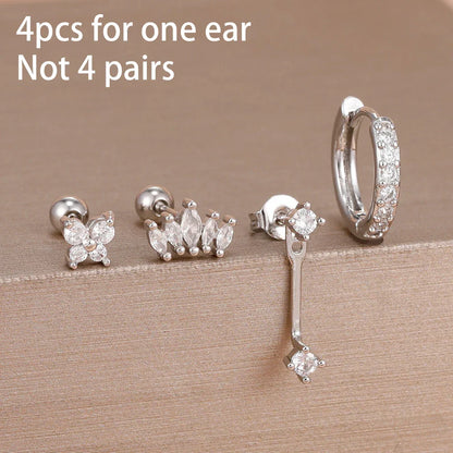 4PCS Stainless Steel Circle Huggie Hoop Earrings Set for Women Gold Color Unique Zircon Flower Stud Earring Piercing Jewelry
