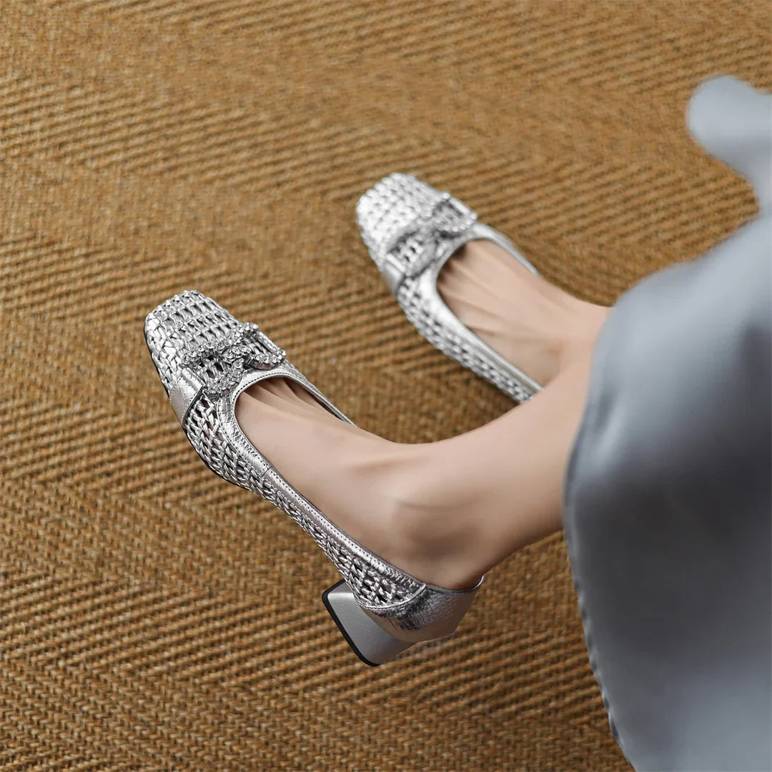 Women's genuine leather braided microfiber patchwork summer breathable pumps crystal buckle 4cm thick med heel daily dress shoes