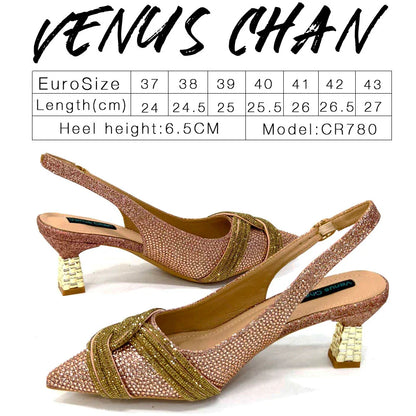 Nigerian Heel Party for Women Shoes and Bag Set Champagne Colour Rhinestone Handbag Italian Design Wedding INS 2024