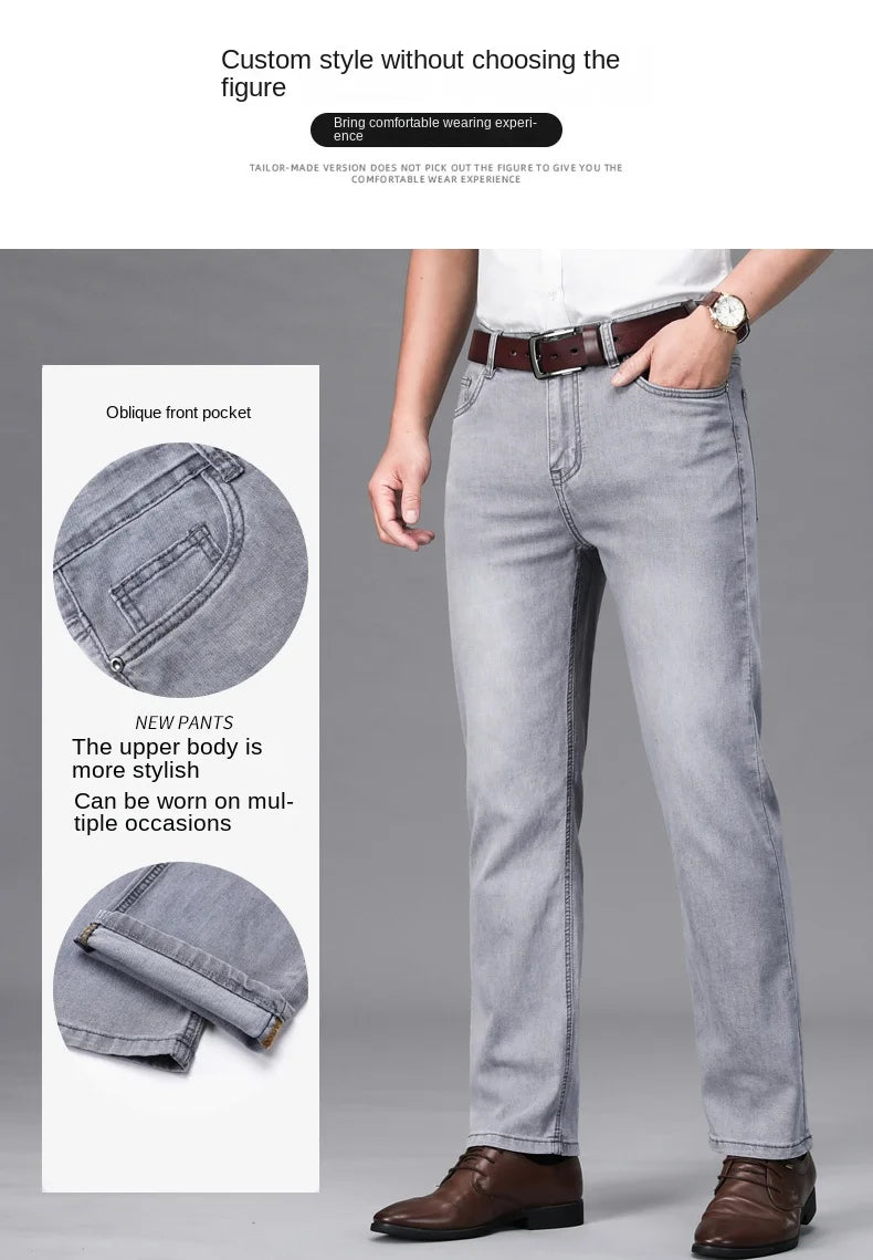 2026 Brand Thin or Thick Material Straight Cotton Stretch Denim Men's  Business Casual High Waist Light Grey Blue Jeans