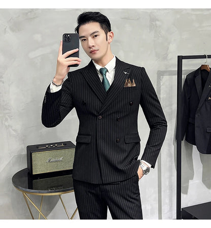 ( Blazer+Vest+Pants ) Groom Wedding Male Suit Luxury Brand Fashion Striped Men's Casual Business Office Double Breasted Suit