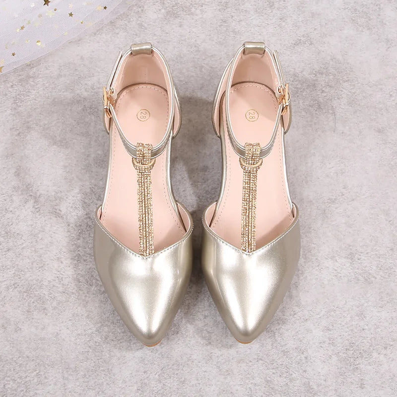 Children's Thick Heel Sandals Summer New Pointed-toe Girls' Crystal Princess Shoes Fashion Children's High-heeled Leather Shoes