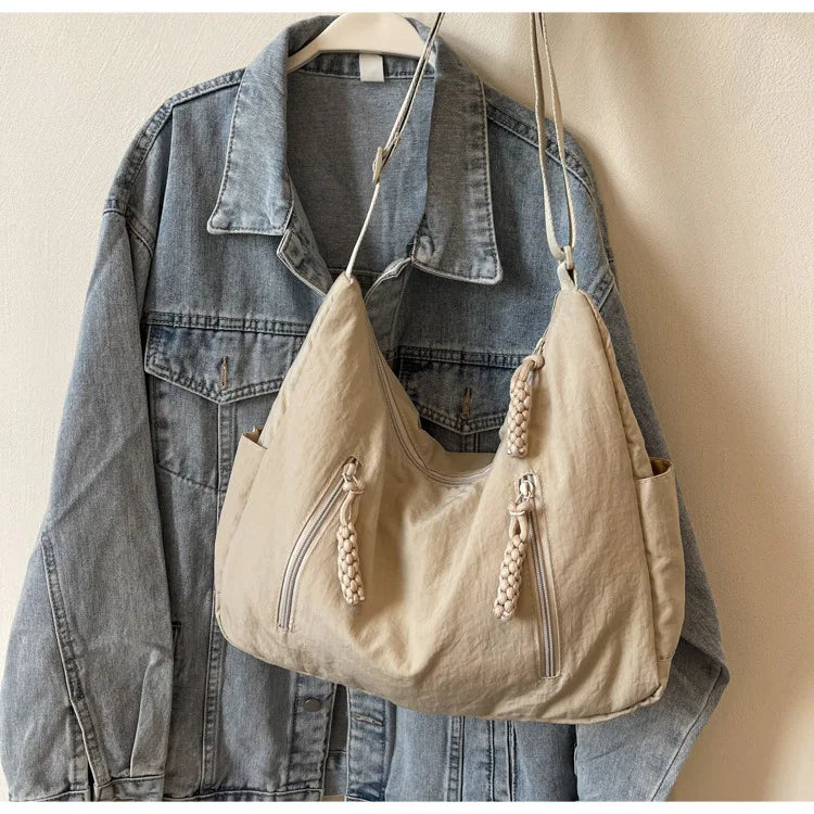 Summer Women Solid Color Shoulder Bag Fashion Lightweight Versatile Travel Crossbody Bag Commuter Nylon Large Capacity Hobo Bag
