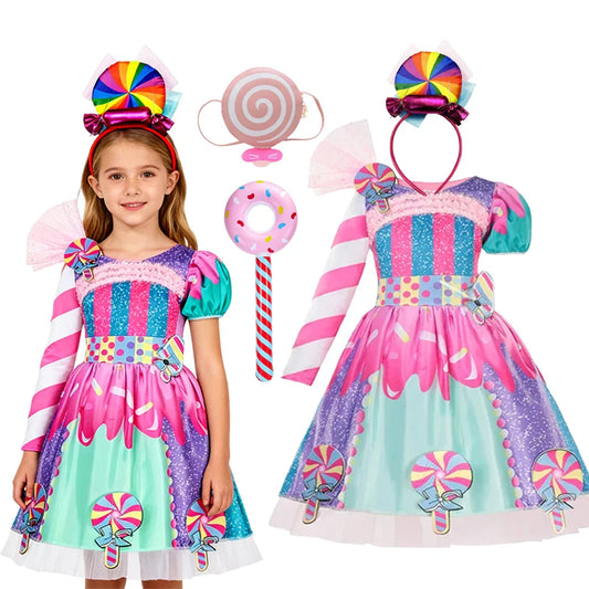 2026 Kids Purim Disguise Rainbow Candy Dress With Headband Lollipop Cosplay Costume Children Dress Birthday Carnival Party Gift