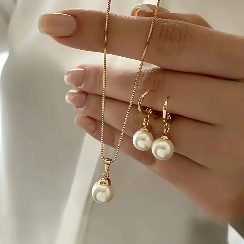 3 Pcs/Set Round Pearl Pendant Necklace For Women Exquisite Fashion Rhinestone Double  Earring Wedding Jewelry Set Gift