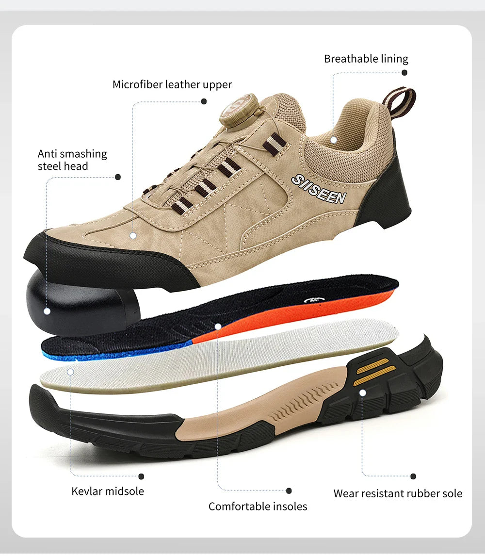 Men's Steel-Toed Safety Shoes With Anti-Crush, Anti-Puncture And Anti-Slip Soles, Fashionable Button Industrial Work Shoes