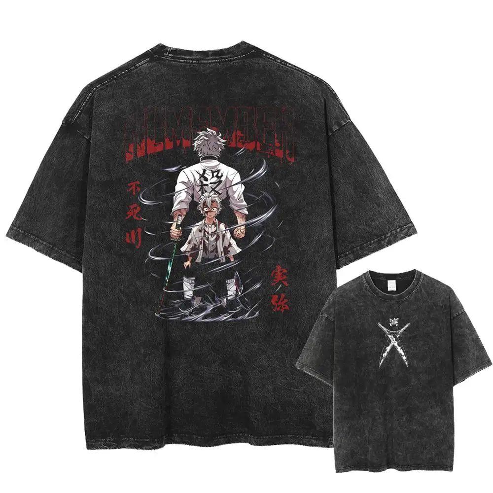 2025 Summer Men's Washes T-shirts Japanese Anime Demon Slayer Kyoujurou Graphic Clothing Harajuku Y2K Oversized Pure Cotton Tops