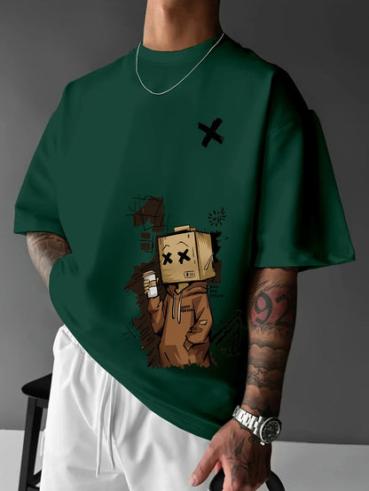 Men's 100% pure cotton fashionable casual sports loose trendy doll graffiti printed round neck short sleeved T-shirt top