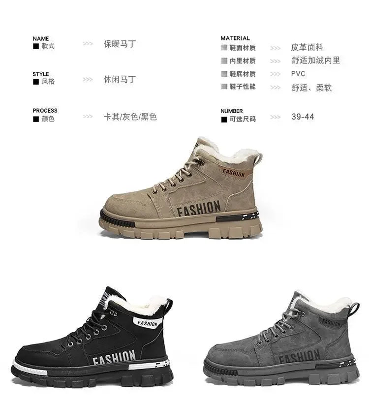 Men Snow Boots  Winter Anti Slip Plush Indoor Warm Cold Proof Snow Boots High Top Platform Lace Up Outdoor Sport Work Boots