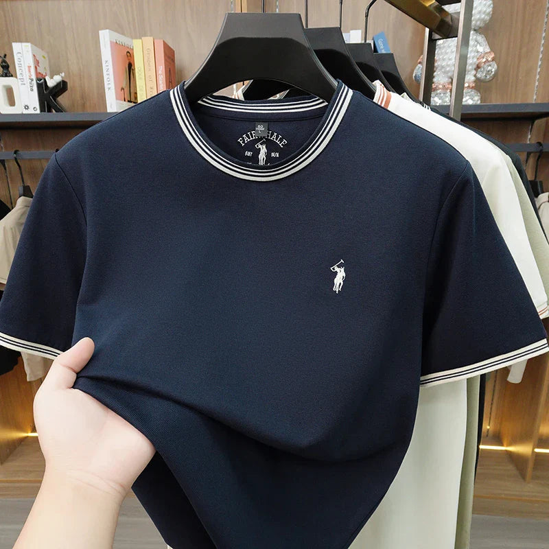 Summer New Cotton Men's Light Luxury Embroidered Versatile Round Neck Loose Short Sleeved Top