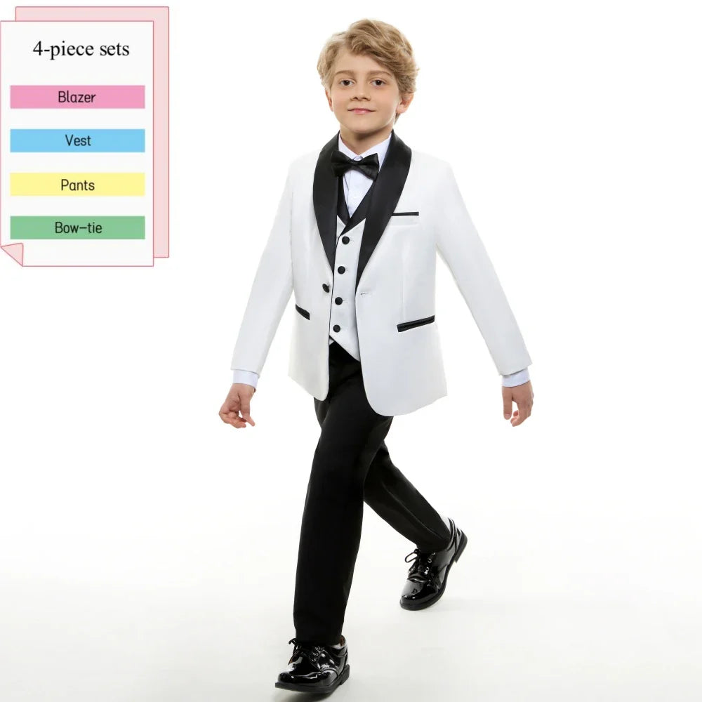 Fast Delivery White Boys Suits 4 Pieces, Stylish Shawl Lapel Kids Slim Fit Suit Set Party Outfit, Smart Children's Tuxedo 2-20T