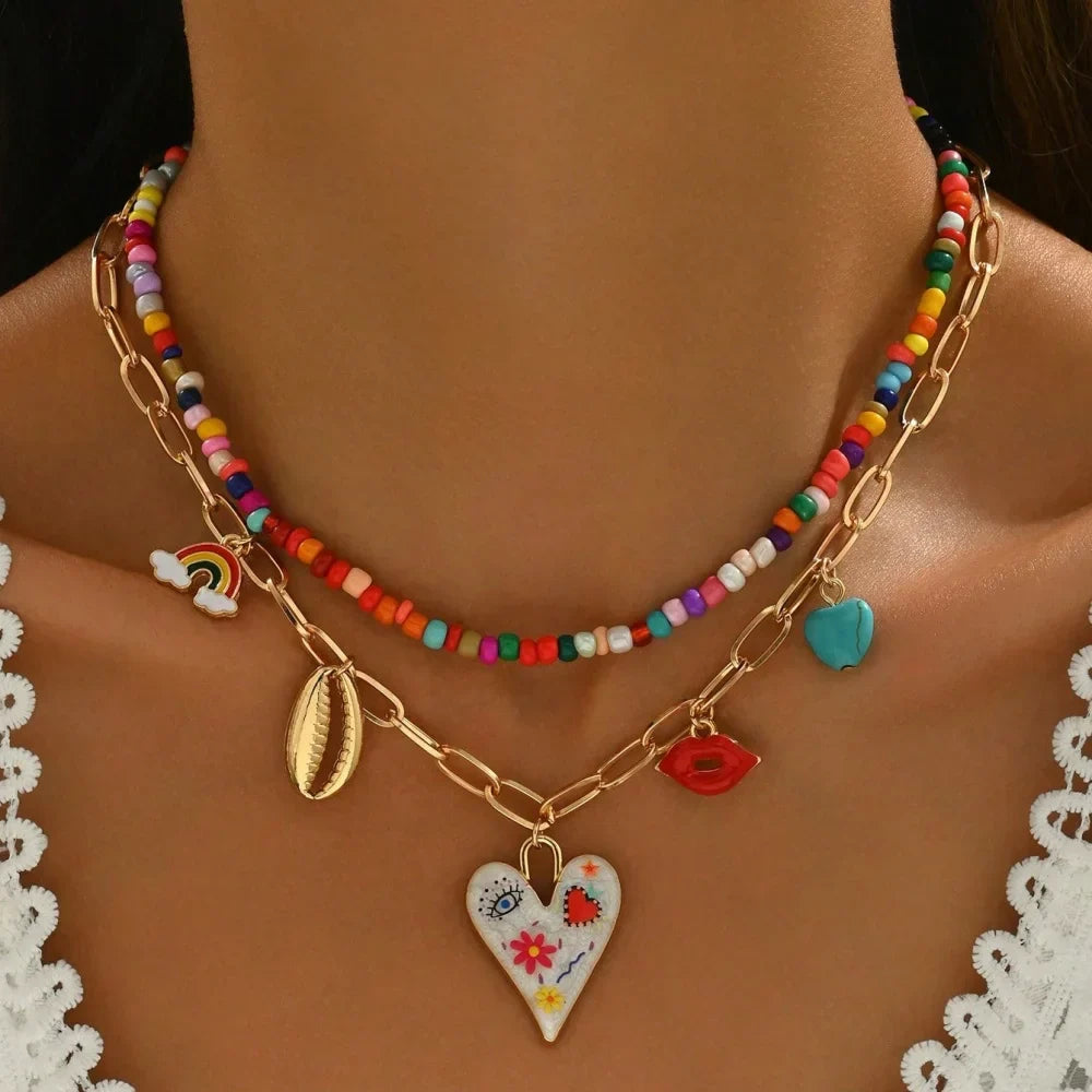 Bohemian Multilayer Handmade Beads Chain Fashion Necklaces Tassels Colorful Love Oil Drop Pendant Pendant Jewelry For Women Acce