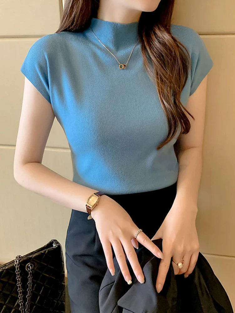 New Women Summer Knitted Turtleneck Sleeveless T-Shirts Tops Solid Slim Fit Pullovers Causal Tees Female Streetwear Basics Tees