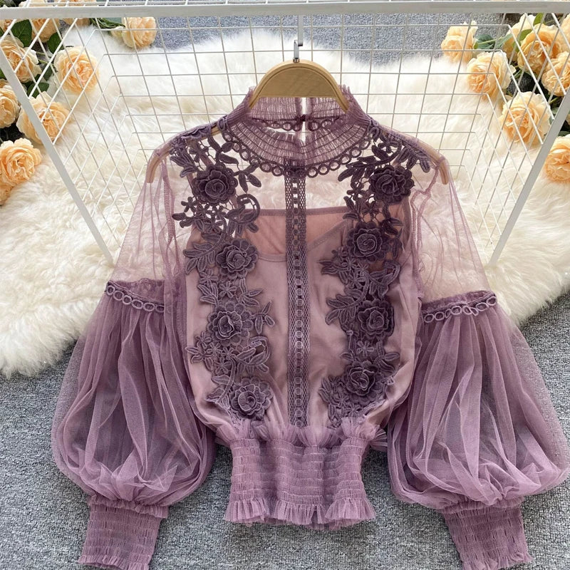 Summer Elegant Lace Blouses Korean Style Women's Clothing Casual Long Sleeve Tops Blusas Feminina Elegante Estilosa Y338