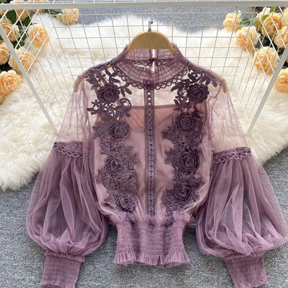 Summer Elegant Lace Blouses Korean Style Women's Clothing Casual Long Sleeve Tops Blusas Feminina Elegante Estilosa Y338