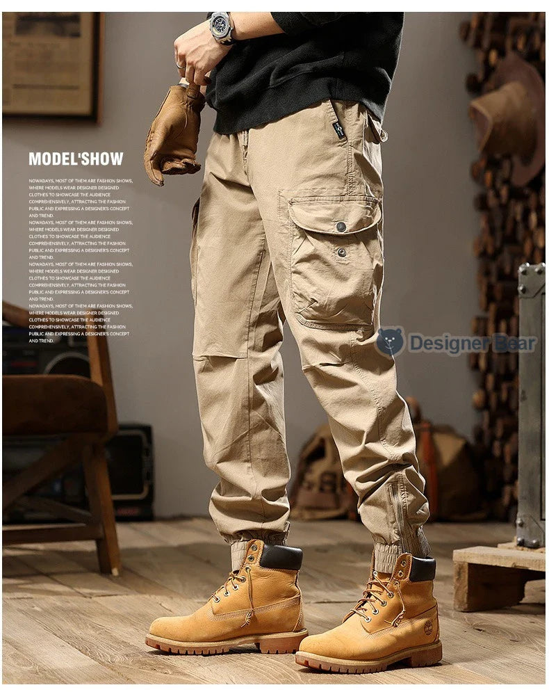 Brand Clothing 2026 Spring Summer Men's Baggy Cargo Pants Multi-Pocket Work Joggers Casual Cotton Tapered Trousers Long Pants