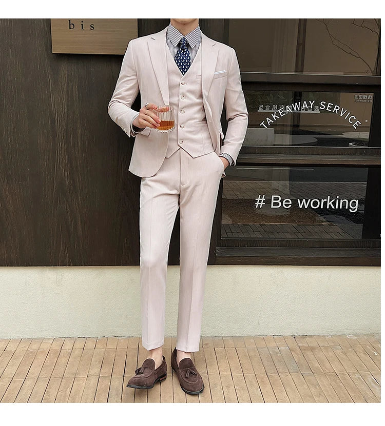 ( Jacket + Vest + Pants ) High-end Men's Slim Business Casual Suit Groom Wedding Dress Party Suit Blazers Waist Coat Trousers