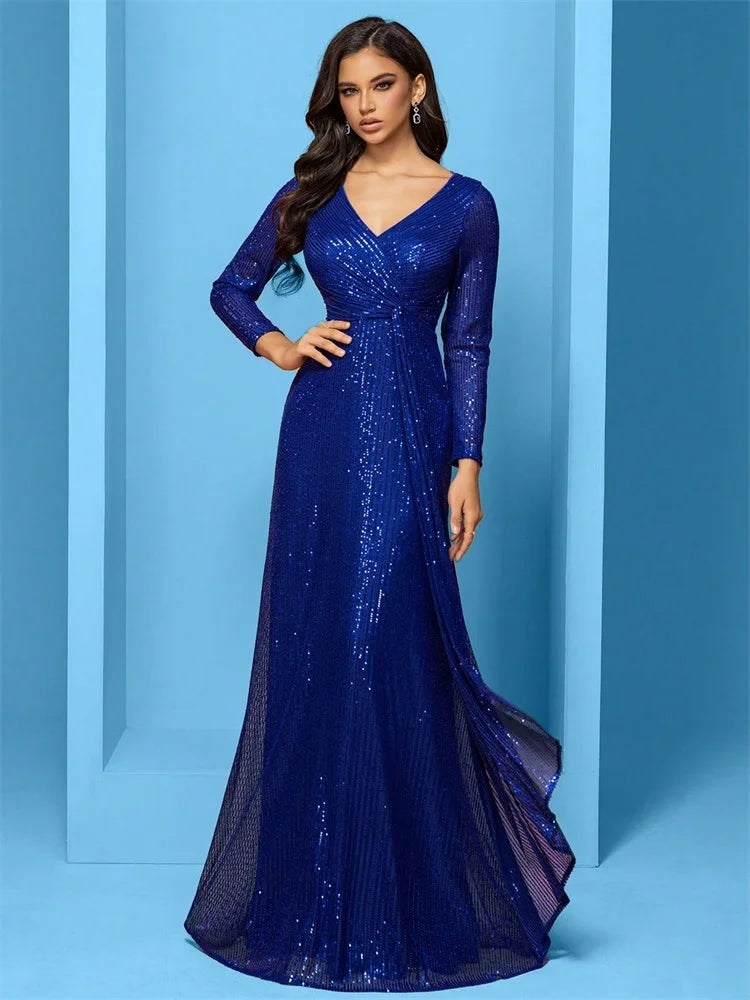 Vestido de Noite de Luxo Longo com Decote em V 2025 Feminino Elegante para Festa de Casamento Vestido Maxi com Lantejoulas Mangas Longas Vestido de Baile Coquetel