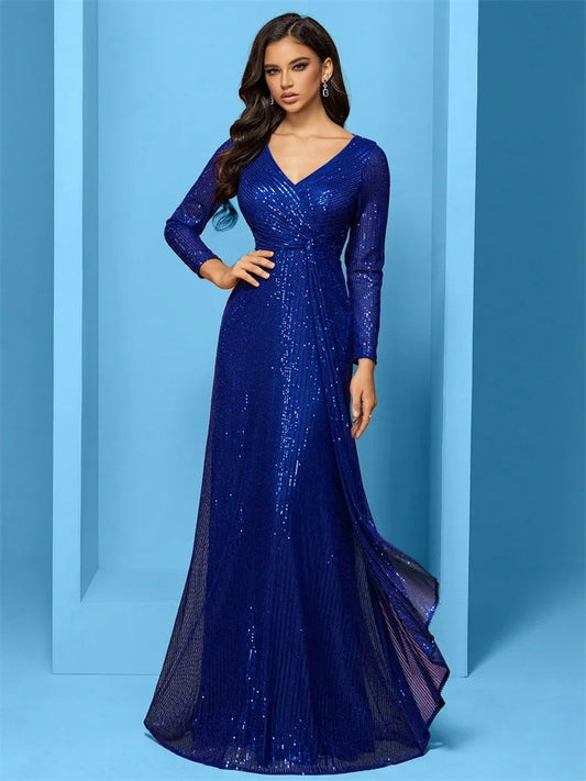 Luxury Floor Length V-Neck Evening Dresses 2025 Women Elegant Wedding Party Maxi Dress Sequins Long Sleeves Prom Cocktail Gowns