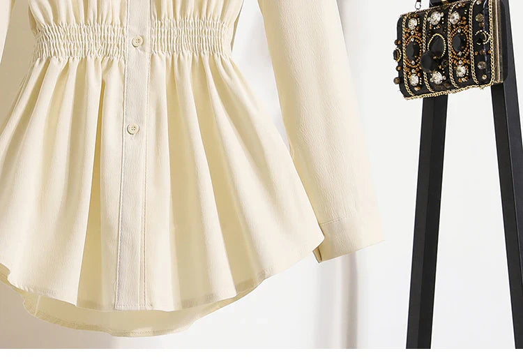 2026 Women's Plus Size Blouse Korean Style Spring Autumn Loose Elegant Casual Mid-length Tops Long Sleeved Waist Cinching Shirts