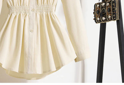2026 Women's Plus Size Blouse Korean Style Spring Autumn Loose Elegant Casual Mid-length Tops Long Sleeved Waist Cinching Shirts