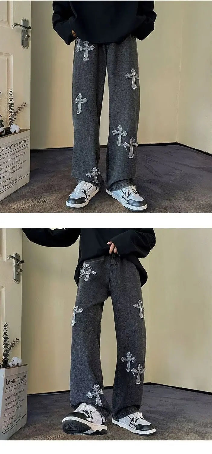 Vintage Men's Straight Jeans Cross Embroidery Casual Jeans Denim Loose Hip Hop Four Seasons Fashion Streetwear Pants Black Blue
