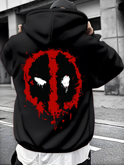 Moletom Masculino Preto com Estampa Vermelha Deadpool Padrão de Super-herói Pulôver Marvel 100% Algodão Estilo Casual de Rua com Bolso Frontal