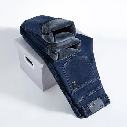 2023 Winter Men Black Blue Straight Stretch Denim Thick Velvet Pants Warm Jeans Casual Fleece Line Trousers Male Plus Size